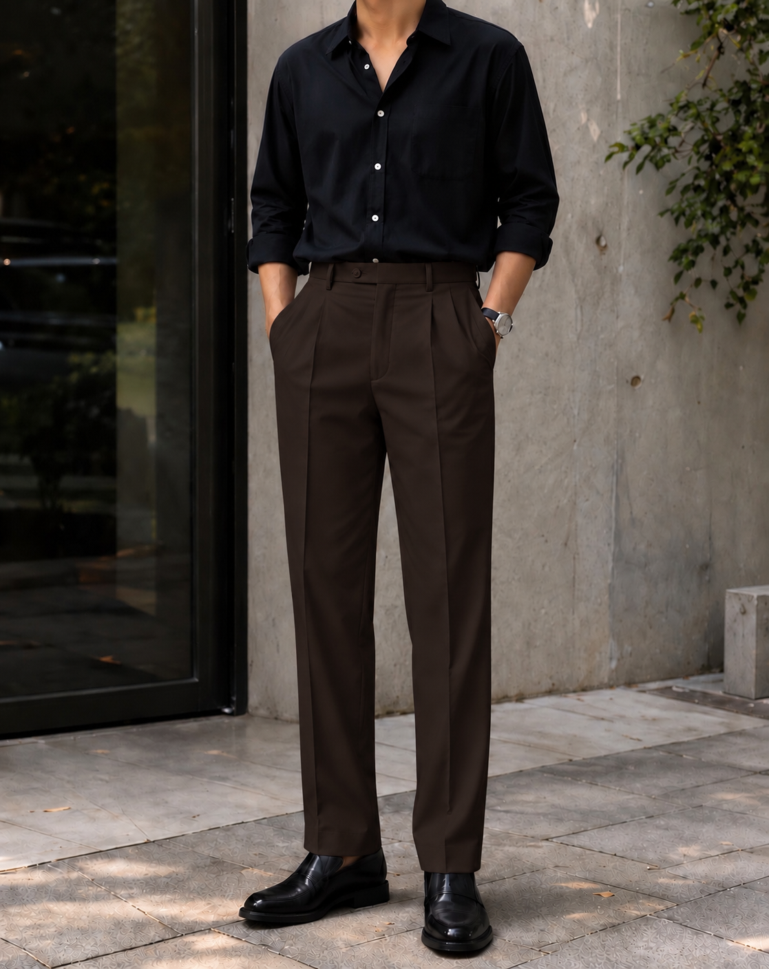 Dark Brown Classic Pleated Trousers thumbnail 2