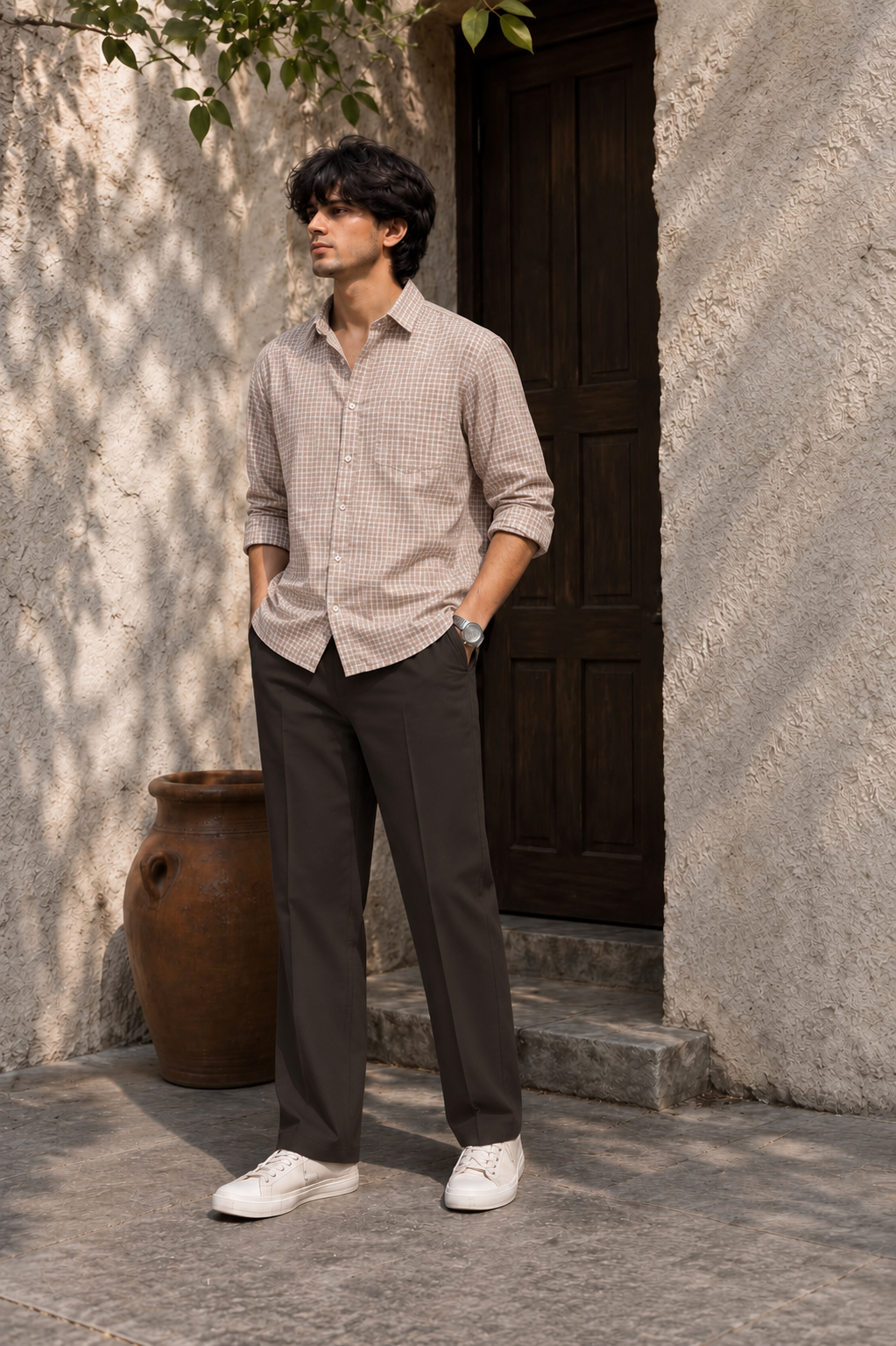 Premium Taupe Mini Check Shirt