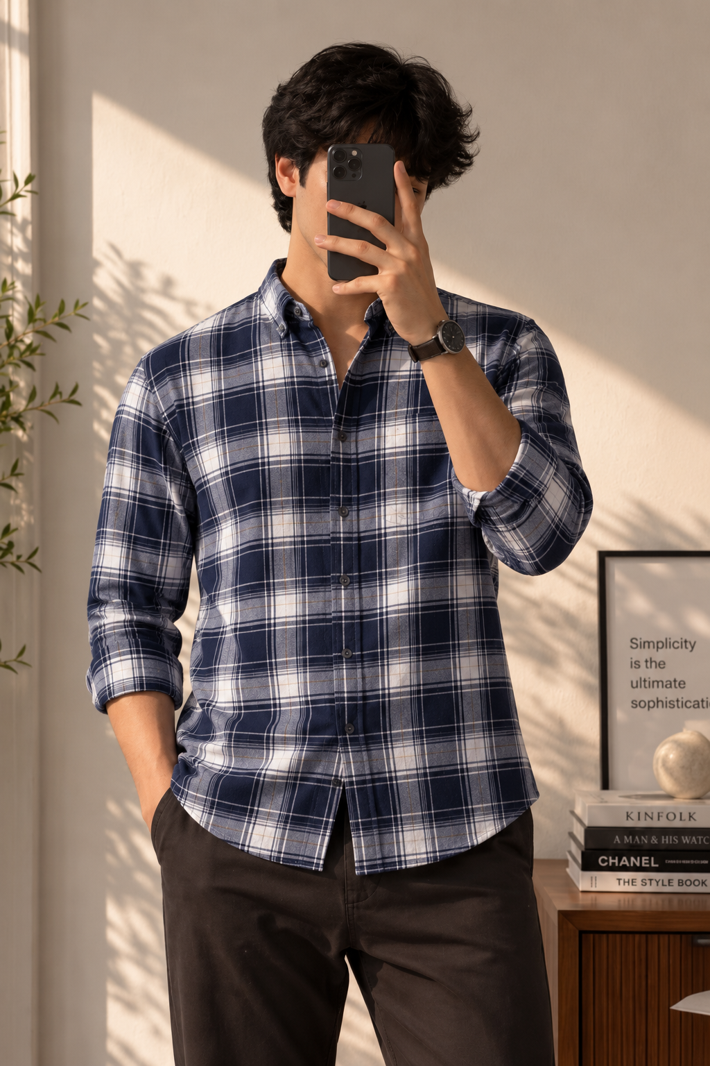 Premium Navy Blue Classic Check Shirt thumbnail 2