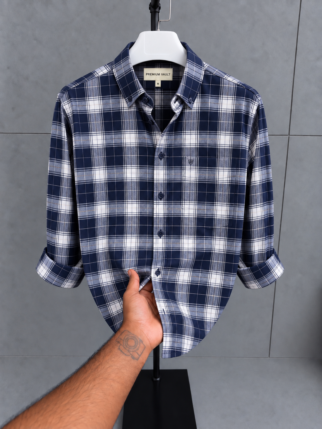 Premium Navy Blue Classic Check Shirt thumbnail 3