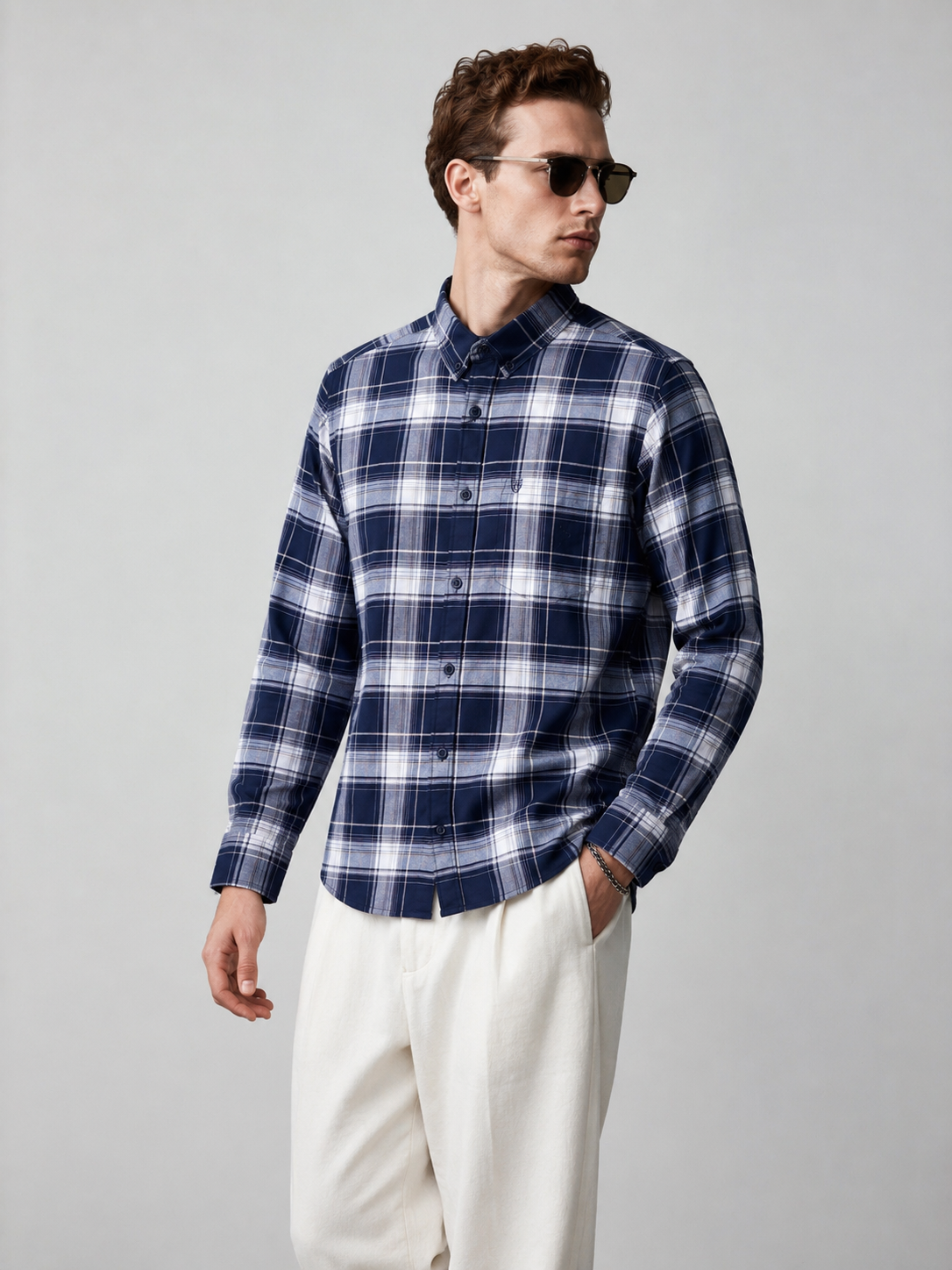 Premium Navy Blue Classic Check Shirt thumbnail 4