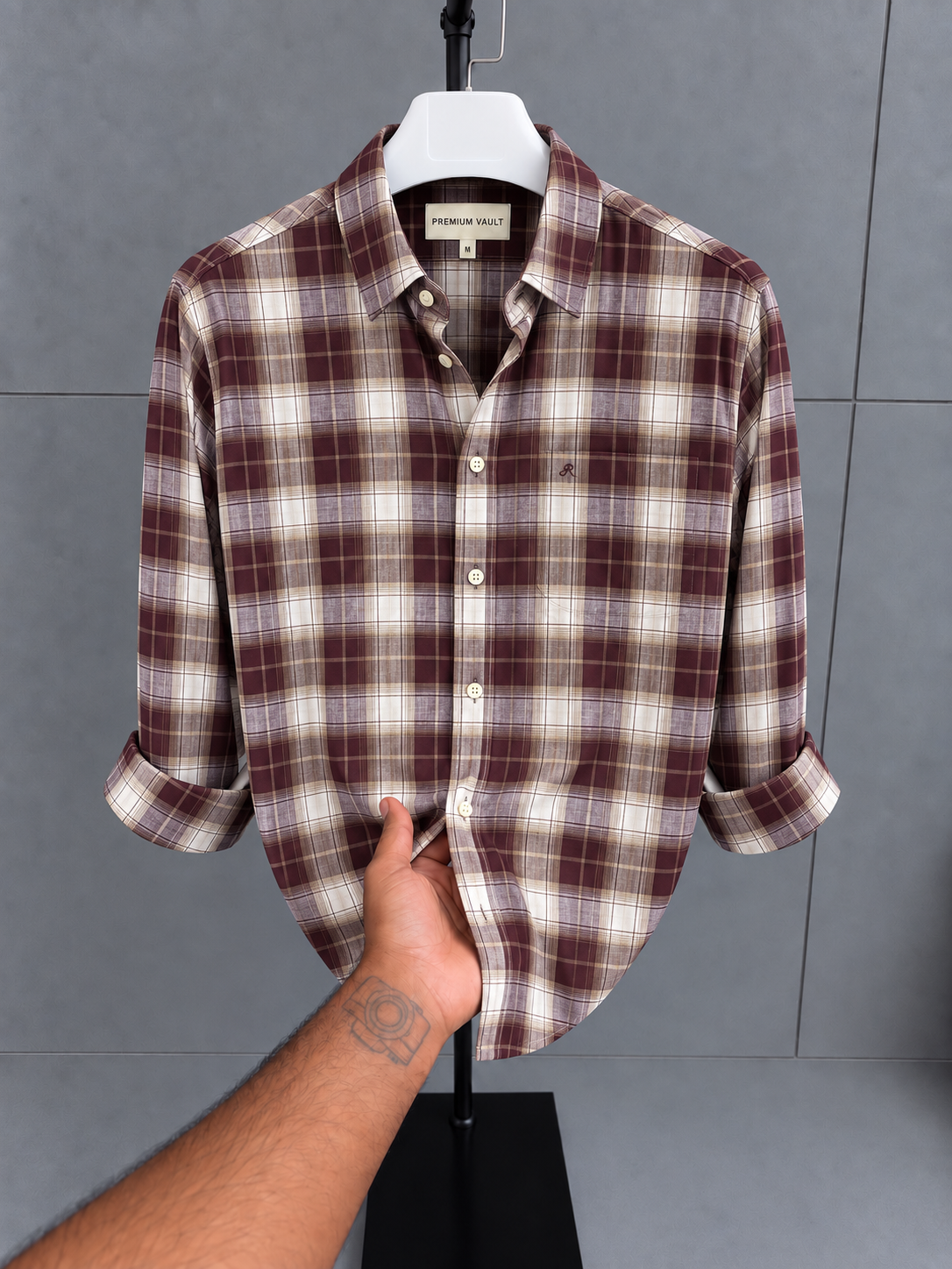 Premium Vault Heritage Plaid Shirt – Burgundy & Cream thumbnail 2