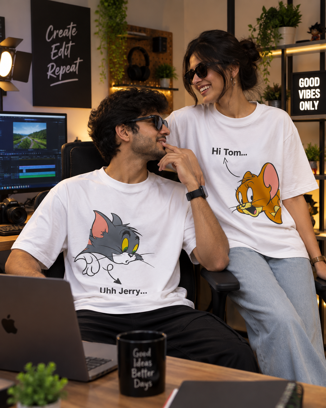 Tom & Jerry Couple Graphic Oversized T-Shirt – White